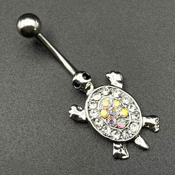 316L Stainless Steel with AB and Diamond Cubic Zirconia Sea Turtle Belly Ring - Picture 1 of 7